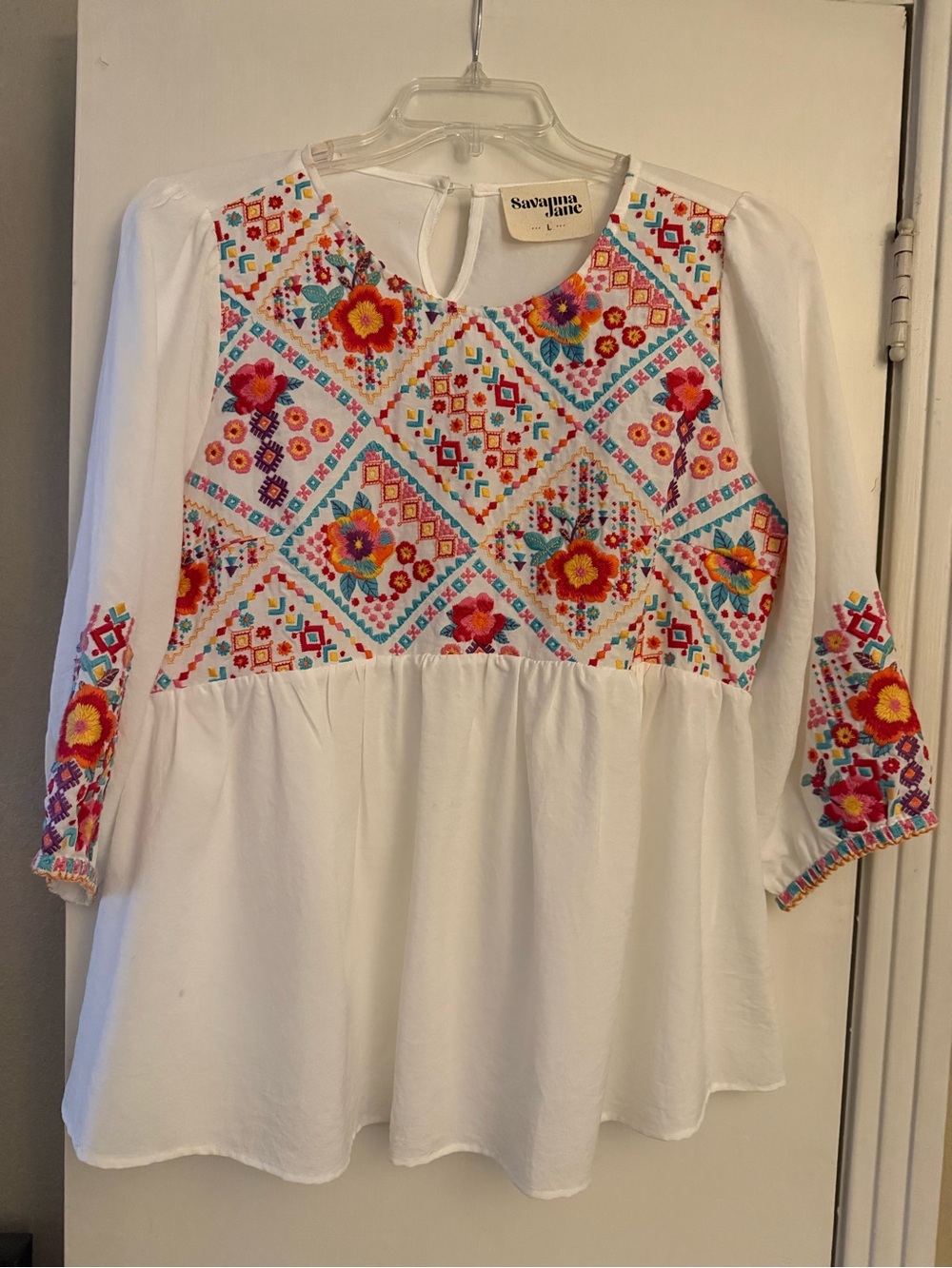 Savanna Jane White Peasant Blouse with Multicolor Floral Embroidery